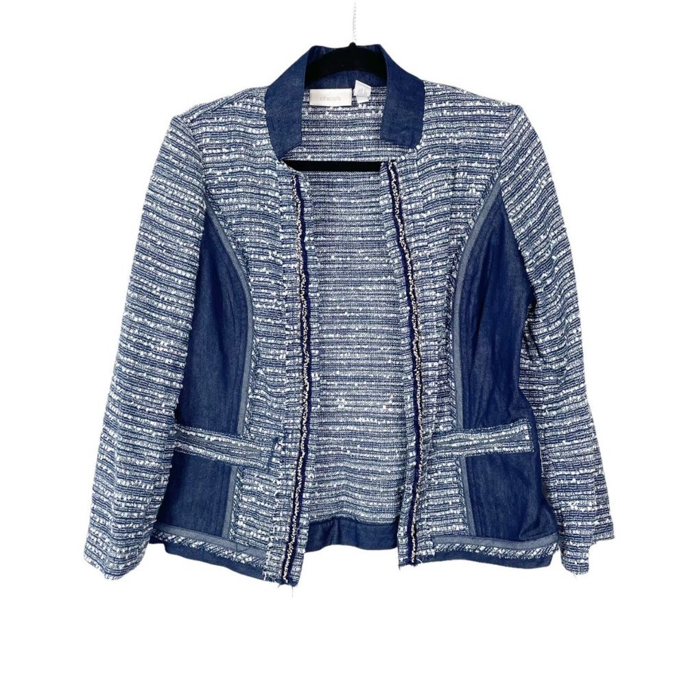Chico's Sz 0/ US Sz S Blue Tweed Beaded Open‎ Front Jacket with Denim Pannels